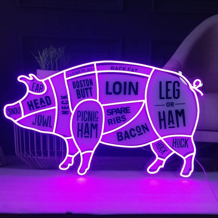 Neonreclame voor varkens, neon-ledreclame voor The Butcher Meat Cuts