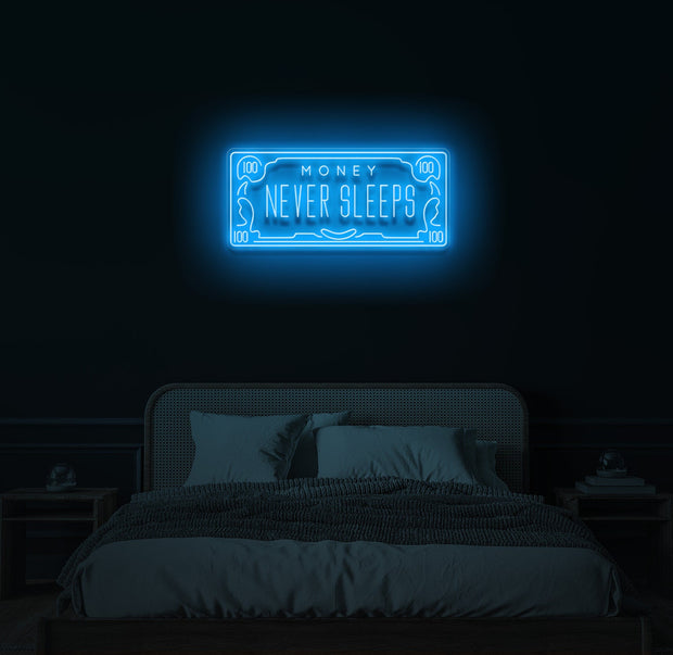 Geld slaapt nooit neon LED-bord