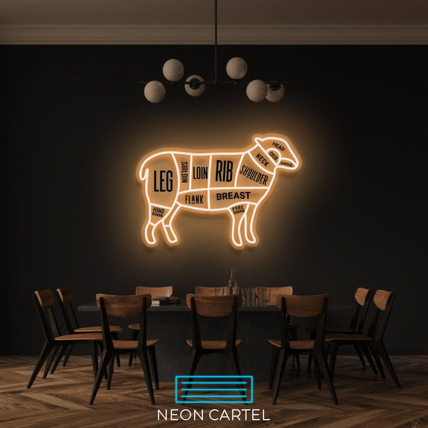 The Butcher Sheep LED Neon Sign Light, Lamb Meat Cutlets Led Neon, Butchery BBQ Showroom, Butcher Shop Art, Food Truck Wall Decor